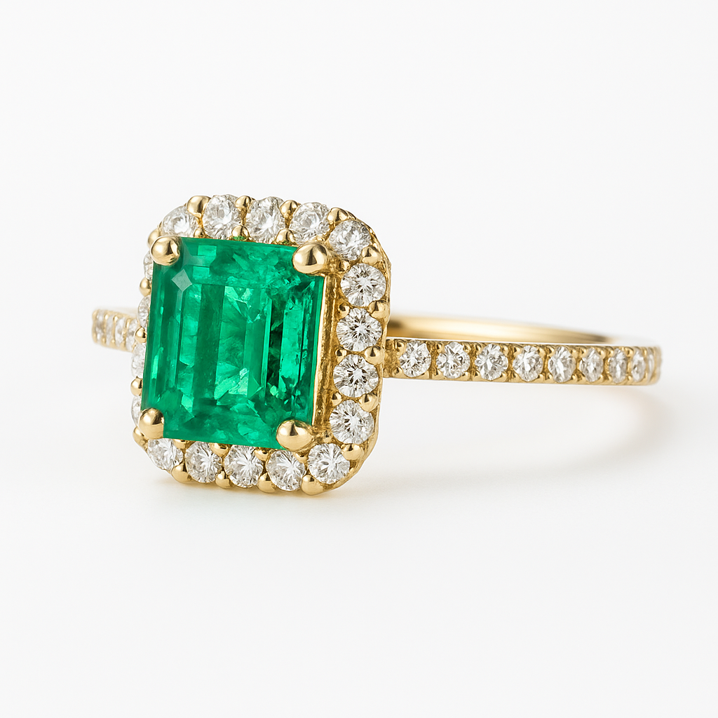 Emerald Halo Ring in Gold