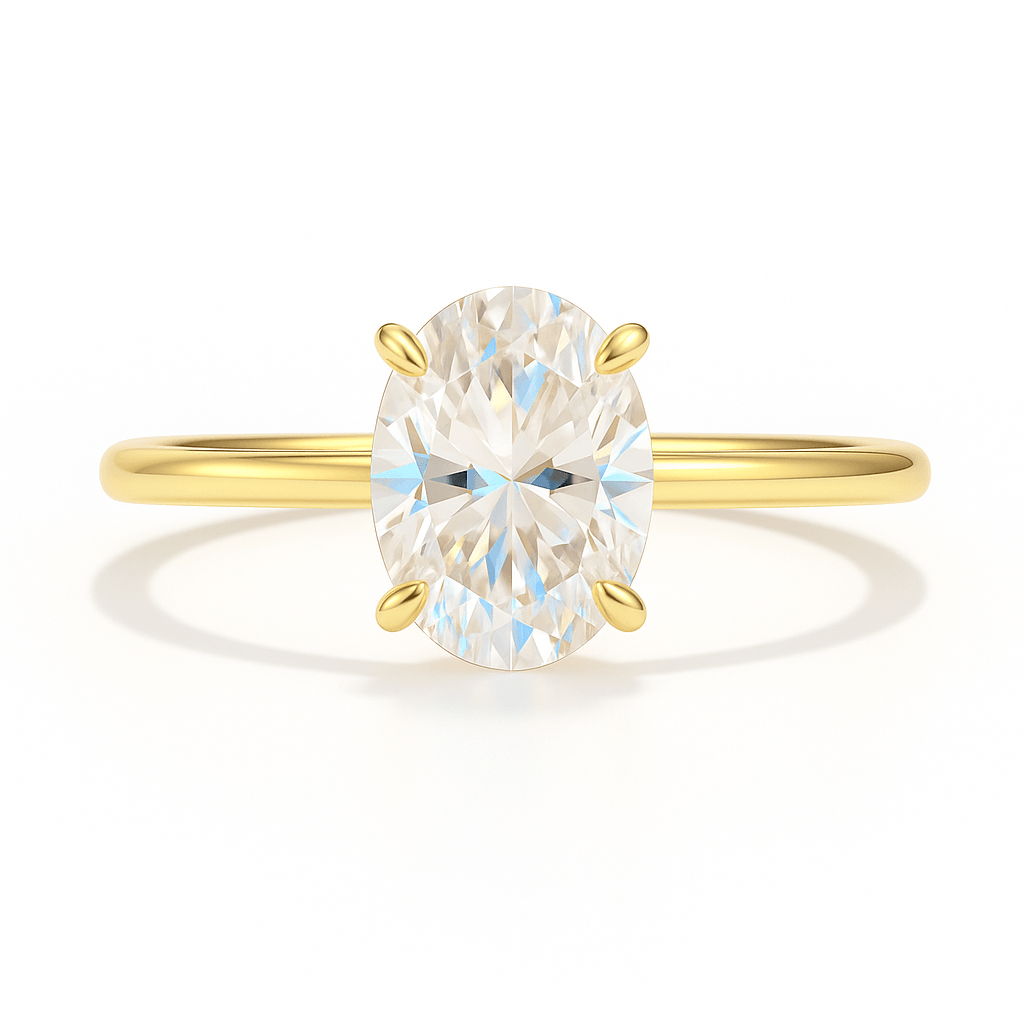 Top view of yellow gold oval cut engagement ring with lab grown VVS1 diamond, offering a radiant and symmetrical solitaire design.