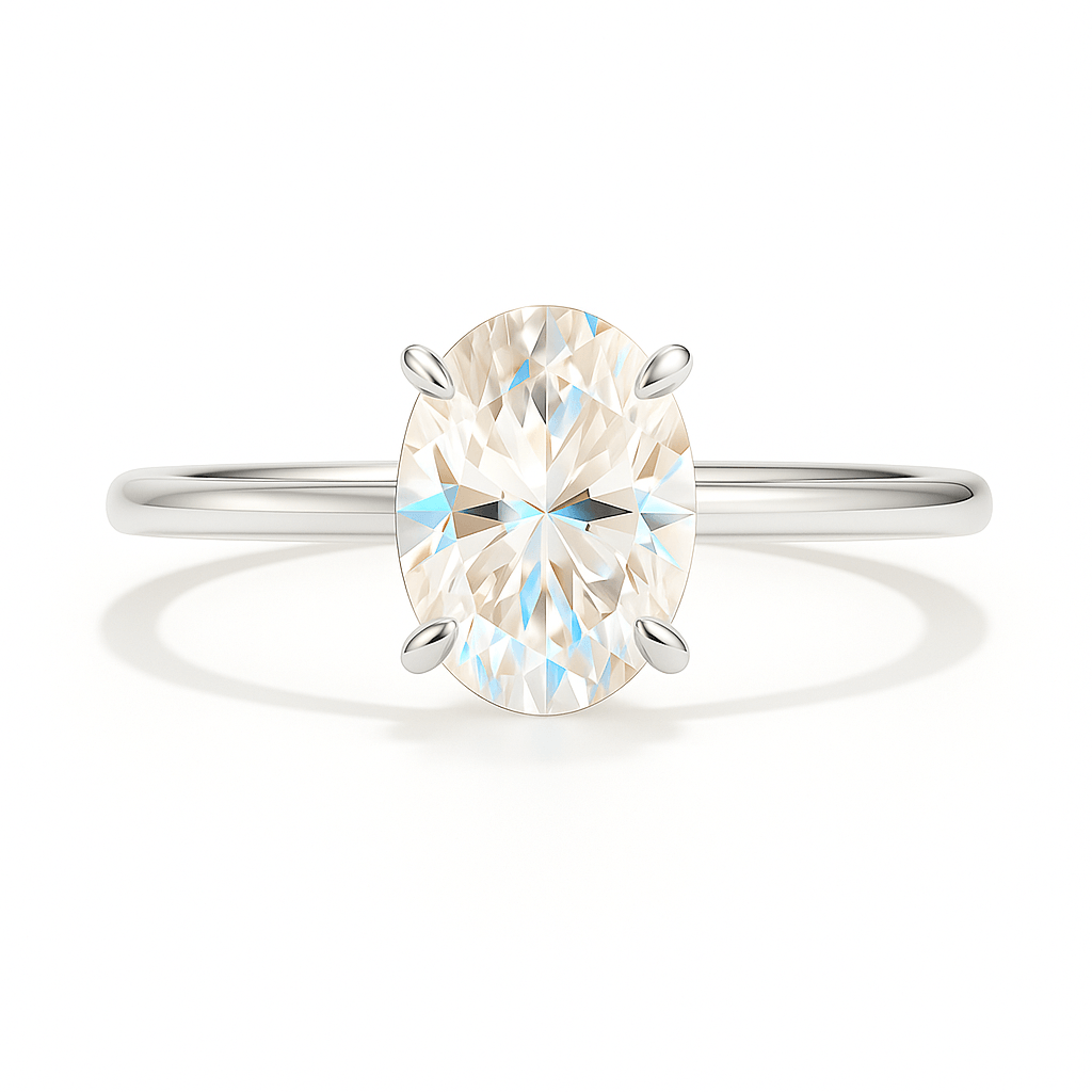 Top view of platinum oval diamond engagement ring with lab grown VVS1 clarity, designed for a sleek and timeless look.