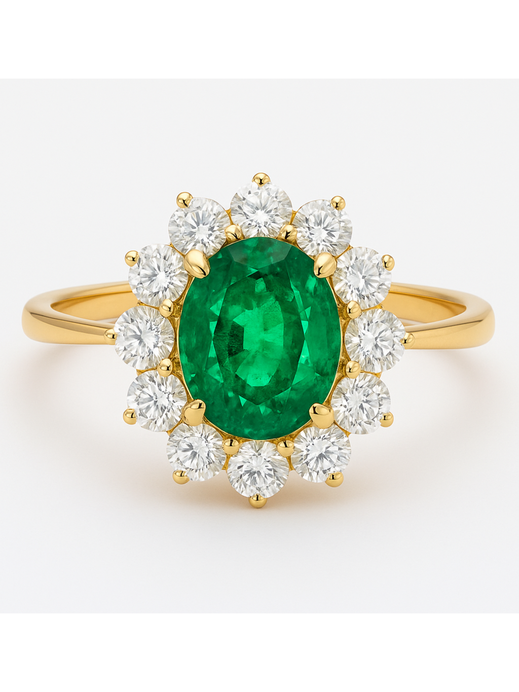 Emerald Diamond Gold Ring - Oval Design featuring a vivid green oval emerald surrounded by round diamonds in a yellow gold cluster setting. Ideal for elegant occasions.