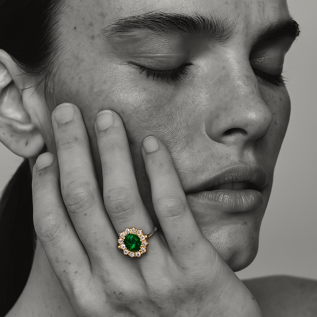 Oval Cluster Emerald and Diamond Gold Ring