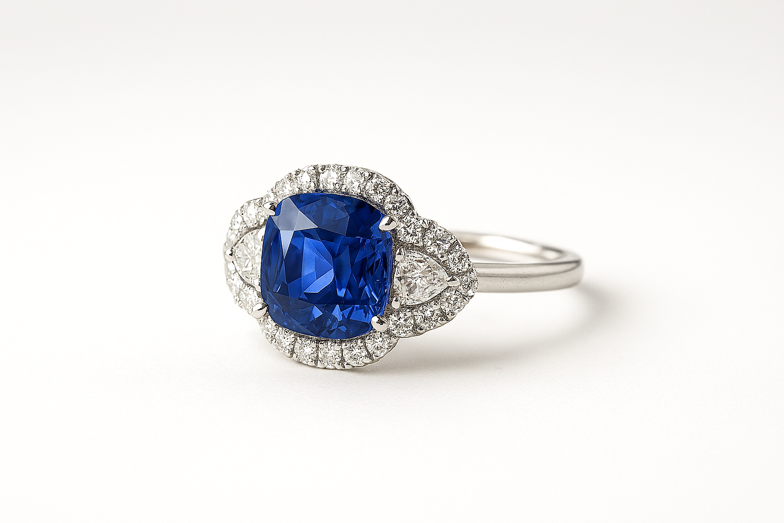 Ring with a blue gemstone and diamond-studded halo on a white background