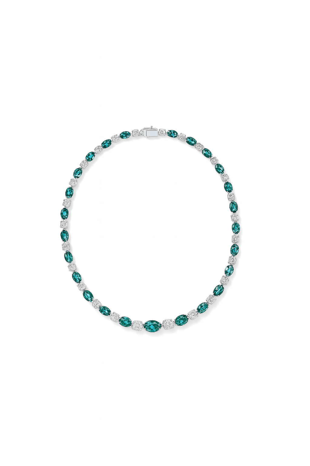 Teal Victoria Necklace featuring alternating teal and diamond oval gemstones. Elegant teal necklace for sale in the stylish jewelry category.